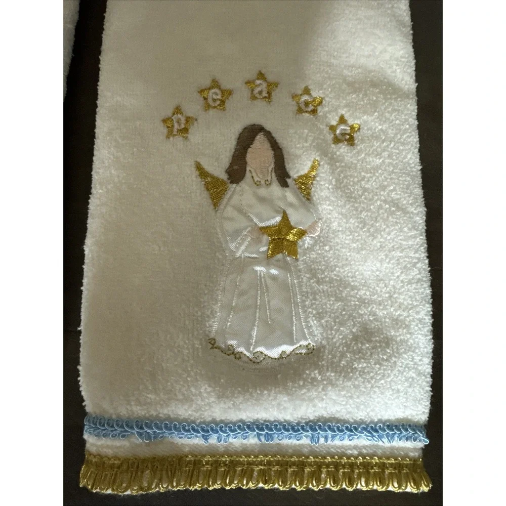 Christmas/Winter Angel Peace Beige Blue Gold Hand Towel‎ 2pc Set Hand Towel Set